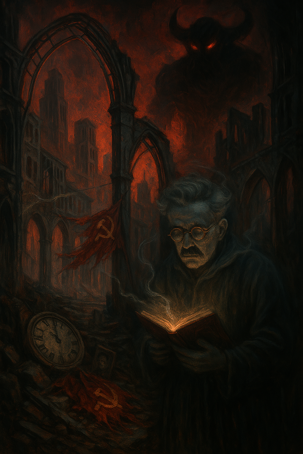 Walter Benjamin lee un libro iluminado en una ciudad en ruinas. En la escena, banderas de comunismo y un reloj; de fondo, un diablo monstruoso acechando el presente.